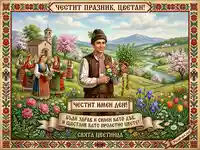Честит имен ден Цветан! Пролетна картичка с български мотиви, народни носии и пожелания за Цветница.