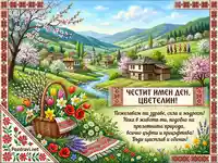 Честит имен ден, Цветелин! Пролетна картичка с българско село, цветя и народни носии.