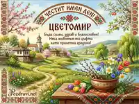 Честит имен ден Цветомир! Пролетна картичка с български пейзаж и цветя.