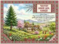 Честит имен ден, Елица! Празнична картичка за Цветница с български пролетен пейзаж, народни носии и шевица.