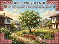 Честит имен ден, Калин! Картичка с български пейзаж, цветя и пожелания за здраве и щастие.