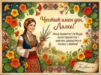 Честит имен ден, Лалка! Картичка с момиче в българска носия, пролетни цветя и пожелание за цветен и радостен живот.