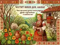 Честит имен ден, Лалка! Традиционна българска картичка с жена в носия, пролетен пейзаж и пожелание.