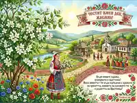 Честит имен ден Жасмин: Българска картичка с народни носии, пролетни цветя и живописно село.