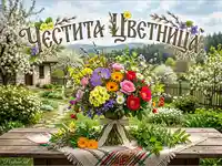 Честита Цветница: Пъстър пролетен букет на фона на живописна българска градина.
