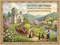 Честита Цветница: Процесия с върбови клонки пред църква в живописен пролетен пейзаж.