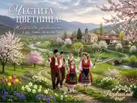 Честита Цветница! Семейство в народни носии сред разцъфнала пролетна природа с пожелания за здраве и свежест.