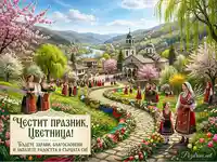 Цветница в българско село: Празник с народни носии, църква и пролетна красота.