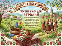 Празнична картичка за Цветница и имен ден с български носии, пролетни цветя и великденски яйца.