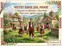 Празнична картичка за имен ден Росен и Цветница с български носии и пролетен пейзаж.