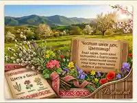 Пролетна картичка за имен ден Цветомир с букет цветя, билки и традиционни български мотиви.