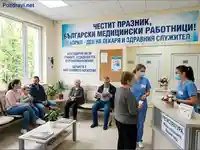 Чакалня в български медицински център с пациенти и персонал, отбелязващи Деня на лекаря.