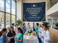 Медицински екип празнува Международния ден на лекаря и медицинския работник на 7 април с празнична маса и усмивки.