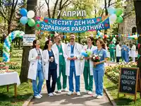 Медицински работници празнуват 7 април, Деня на здравния работник, с усмивки и балони в парка.