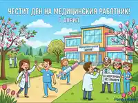 Поздравителна картичка за Деня на медицинския работник, 7 април, с весели лекари и сестри.