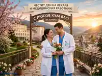 Поздравление за Деня на лекаря и медицинския работник с усмихнати доктори, букет лалета и пролетен пейзаж на 7 април.