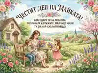 Честит Ден на Майката: Картичка с майка, деца, цветя и послание за любов и грижи.
