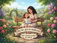 Честит ден на майката: Майка и дъщеря в цветна градина с поздравителна картичка.