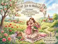 Честит Ден на Майката: Майка и дъщеря в прегръдка, пролетна поляна с цветя, село и църква, мило послание.
