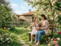 Честит Ден на Майката! Майка и дъщеря в пролетна градина с цветя и послание за обич.