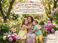 Честит Ден на Майката! Майка и деца в прегръдка сред цветна градина, изразяващи обич и благодарност.