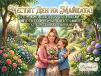 Честит Ден на Майката: Майка с деца и букет цветя в пролетна градина с къща.