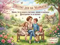 Честит Ден на Майката: Сърдечна картичка с майка и деца в разцъфнала градина, изпълнена с обич и благодарност.