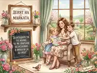 Майка с деца празнуват Деня на майката в уютен дом, заобиколени от цветя и послания на любов.