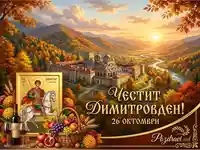 Честит Димитровден! Празнична картичка с икона на Свети Димитър, есенен манастирски пейзаж и дарове на есента.
