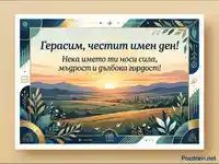 Честит имен ден, Герасим! Елегантна картичка с красив залез и пожелание за сила, мъдрост и гордост.
