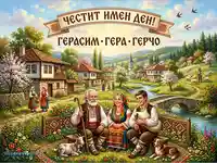 "Честит имен ден Герасим" с български фолклор, традиционни носии и живописен селски пейзаж.