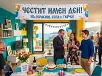 Празничен имен ден с близки и морска панорама