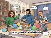 Приятели празнуват имен ден с торта и наздравици