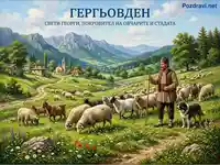 Гергьовден: Овчар със стадо в живописен планински пейзаж с църква и село.