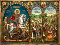 Икона Свети Георги: Победа над змея и празник Гергьовден с печено агне и народни тържества.