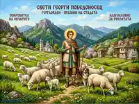 Свети Георги Победоносец като овчар, Гергьовден, празник на стадата и реколтата в идилична планинска сцена.