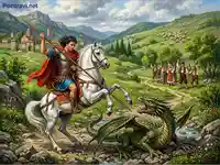 Свети Георги Победоносец спасява българско село от дракон, на фона на манастир и планини.