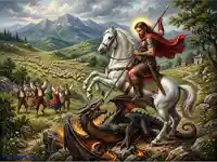 Свети Георги Победоносец: Триумф над змея сред български пейзаж и празнуващи хора в носии.