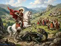 Свети Георги Победоносец убива дракона, докато български народ в носии ликува на фона на планински пейзаж.