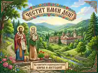 Честит имен ден на светите Кирил и Методий. Красива картичка с манастир и планински пейзаж.