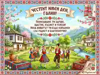 Честит имен ден, Галин! Картичка с български фолклор, носии, хоро и пожелания за здраве и щастие.