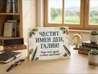 "Честит имен ден, Галин!" - Поздравителна картичка с пожелание, писалки и книги на уютно бюро.