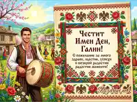 Честит Имен Ден Галин! Празнична българска картичка с народни носии, тъпан и живописно село.