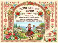 Честит имен ден Галина - картичка с българска носия и фолклорни елементи