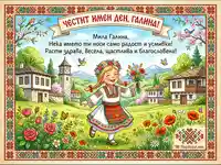 Честит имен ден, Галина! Картичка с момиче в носия и българско село.
