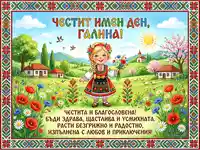 Честит имен ден, Галина! Картичка с момиченце в носия, цветя и пролетен пейзаж.