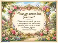 "Честит имен ден, Галина!" - Празнична картичка с цветя и сърдечно пожелание.