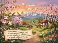 Честит имен ден, Галина! Пролетна картичка с пеещи птички, цъфнали дървета и живописно село.