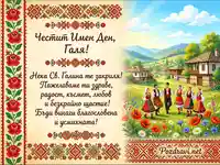 Честит Имен Ден, Галя! Картичка с български шевици, народни танци и пожелания.