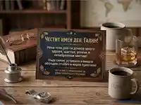 Поздравителна картичка "Честит имен ден, Галин!" с елегантни аксесоари и пожелания.
